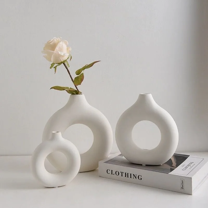 1pc, White/Beige Ceramic Vase Vases For Decor, Modern Home Decor Vase, Boho Circle Round Donut Vas