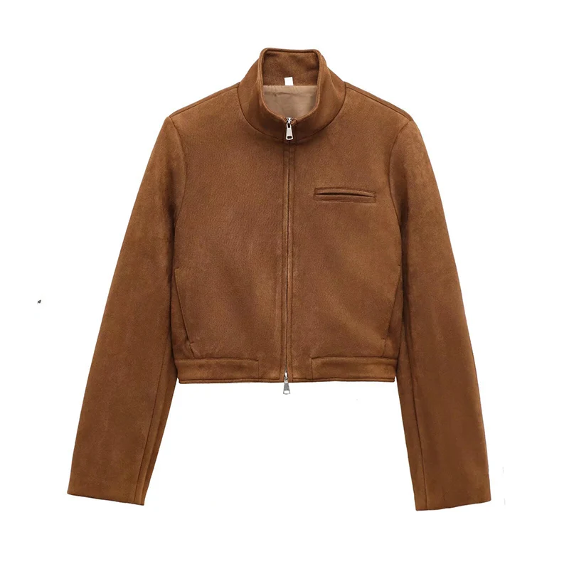 

2025 Spring Short Suede Jackets Women Brown Stand Collar Zipper Long Sleeve Female Coats Fashion Street Y2k Lady Outwears