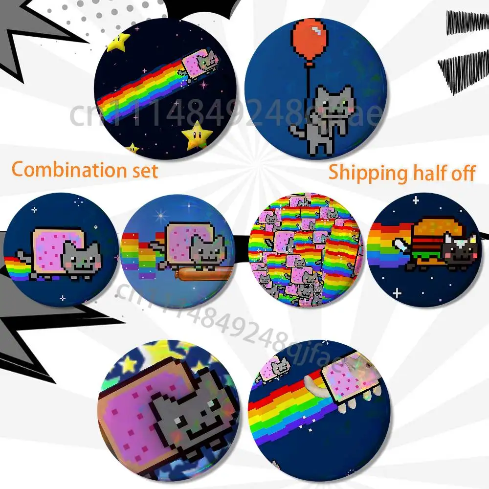 The long rainbow tail N-Nyan Cat 2 piece set Badges On Backpack Jacket Cartoon Round Brooches Acrylic Button Pins Collection