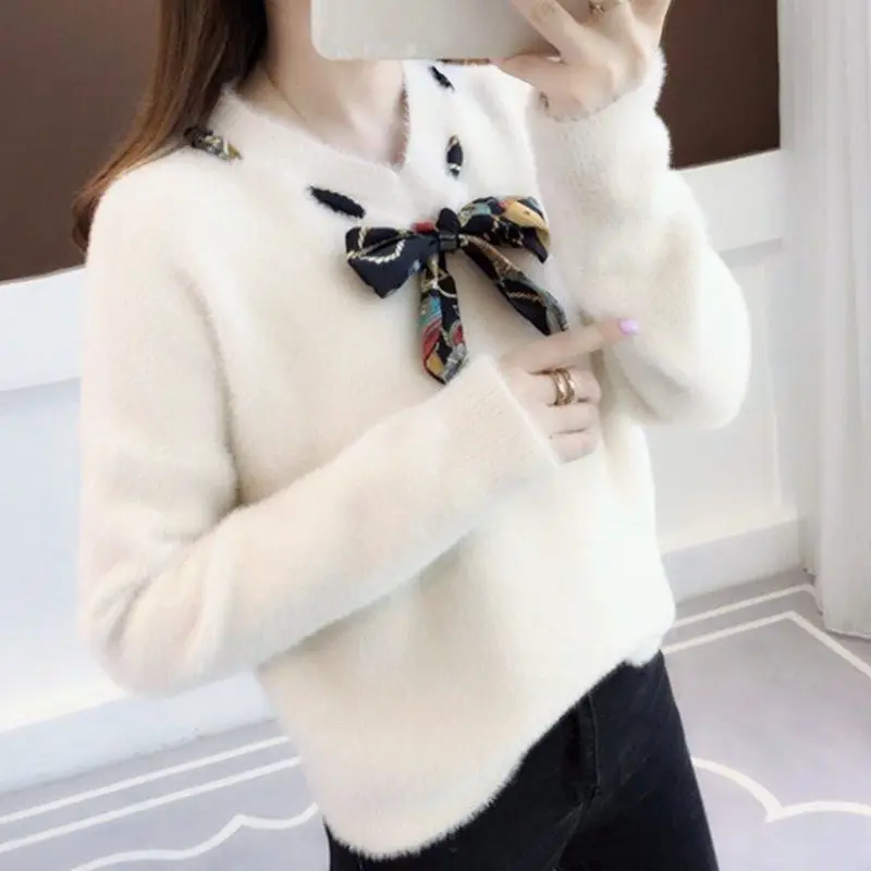 

Sweater Korean Version Pullover Solid Color Slimming Bow Loose Long Sweater for Women Thick Knit Base Sweater for Women