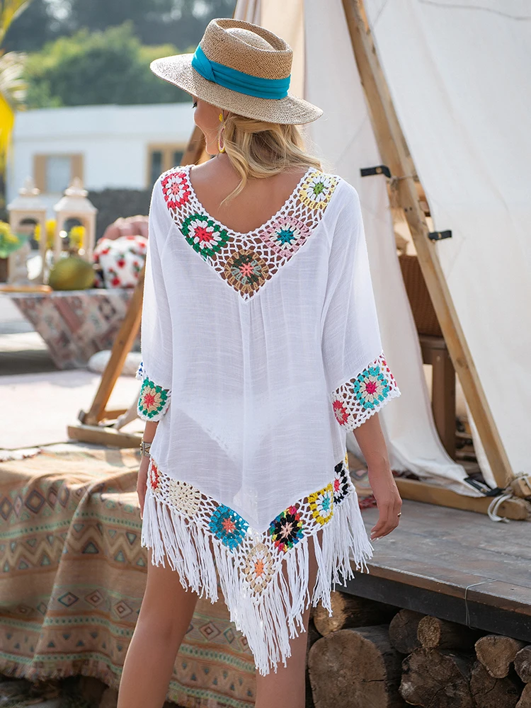 Mini abito copricostume all'uncinetto Copricostume bianco con frange Trim Abito da spiaggia sexy con tunica cava Costume da bagno estivo Abbigliamento da spiaggia