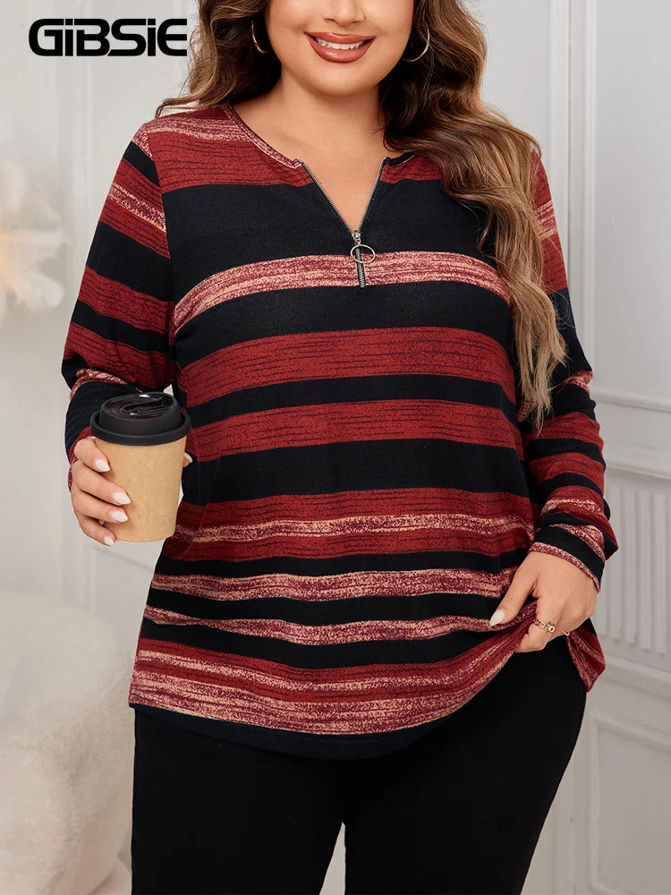 GIBSIE Plus Size O-Ring Zip anteriore O-collo T Shirt donna autunno New Striped Casual manica lunga allentata femminile top Tees 2024