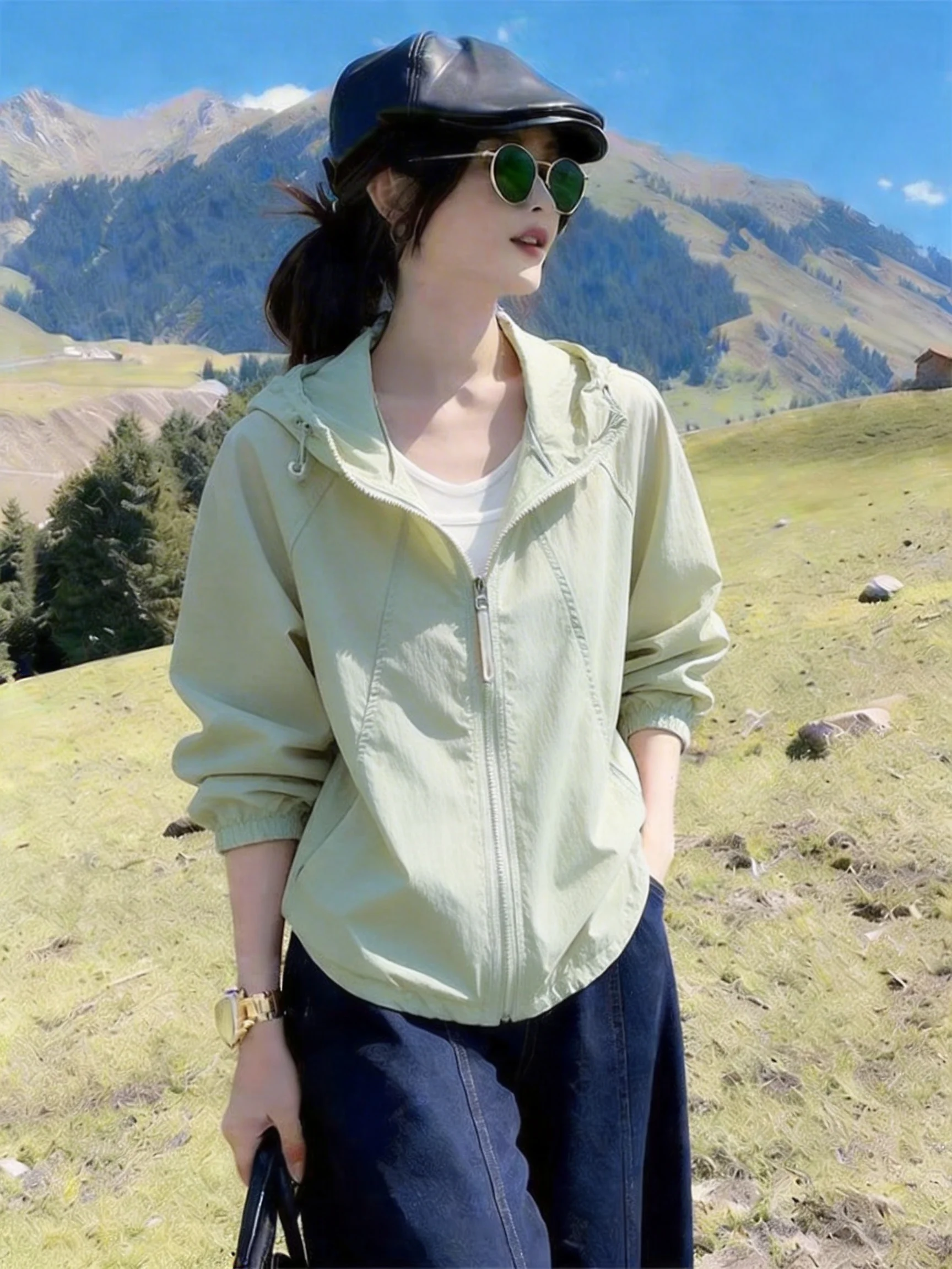 Casual Lightweight Ice Feeling Anti-Uv Clothing Women's Summer Hat Sun Protection Clothes Thin Long Sleeve Zipper Closure