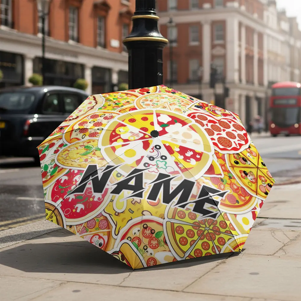 Custom Name umbrella, Colorful Pizza Pattern Umbrella for Food Lovers Fashion Folding Umbrella for Daily Use, Christmas Gift