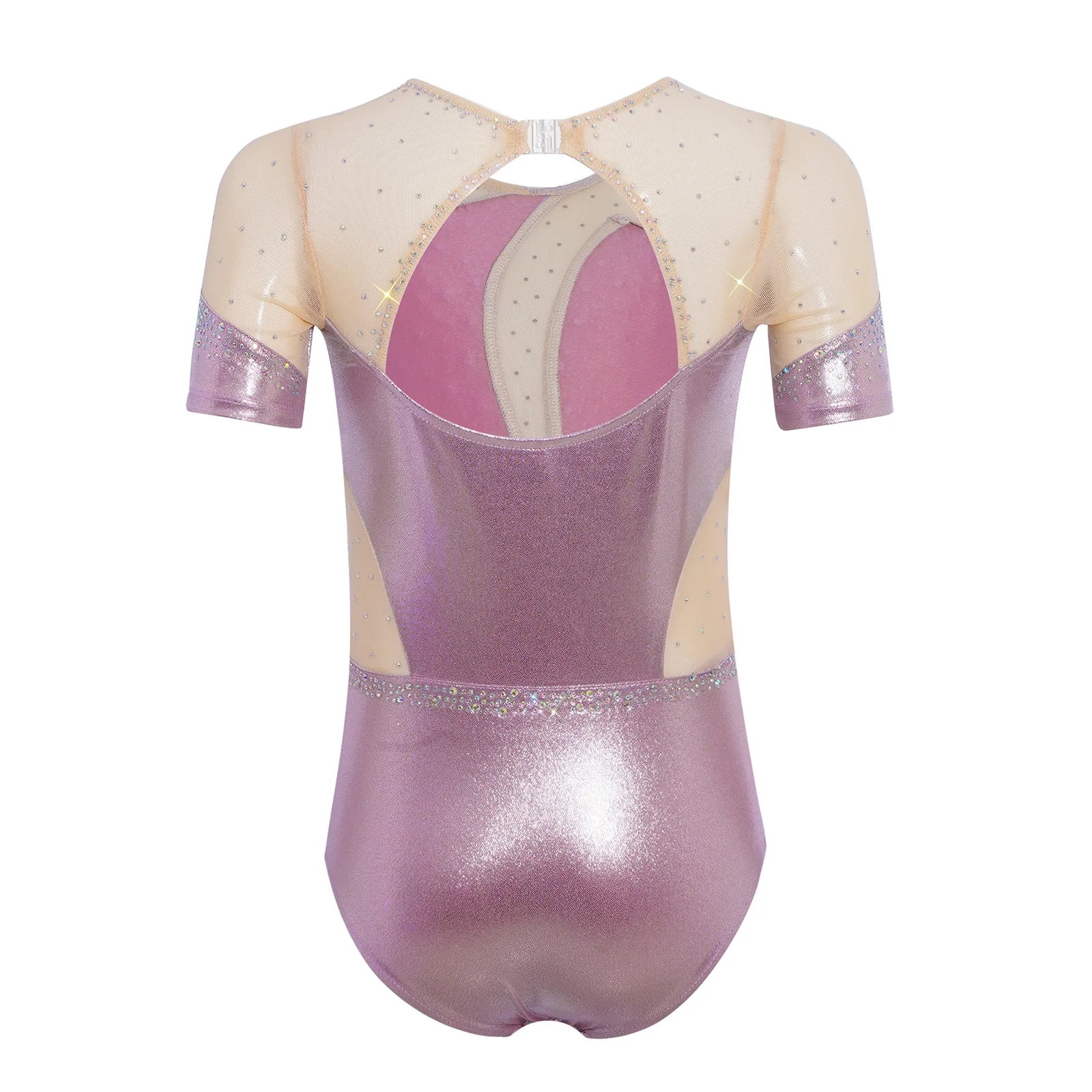 Kids Girls Figure Skating Dance Leotard Body Suits Sheer Mesh Jumpsuit Shiny Rhinestones Metallic Gymnastic Bodysuit Dancewear