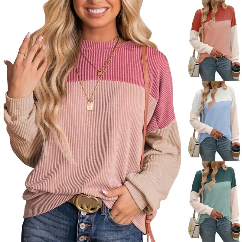 2024 Autumn/Winter Fashion New Round Neck Twisted Strip Color blocked Long Sleeve Loose Casual T-shirt for Women