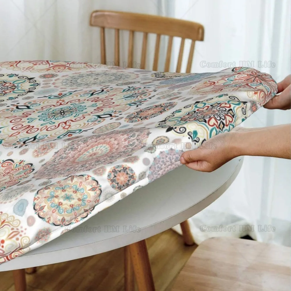Elastic Edged Round Bohemian Fitted Table Cloth Cover Home Decorative Tablecloth for Indoor Outdoor Kitchen Party Fits 40\