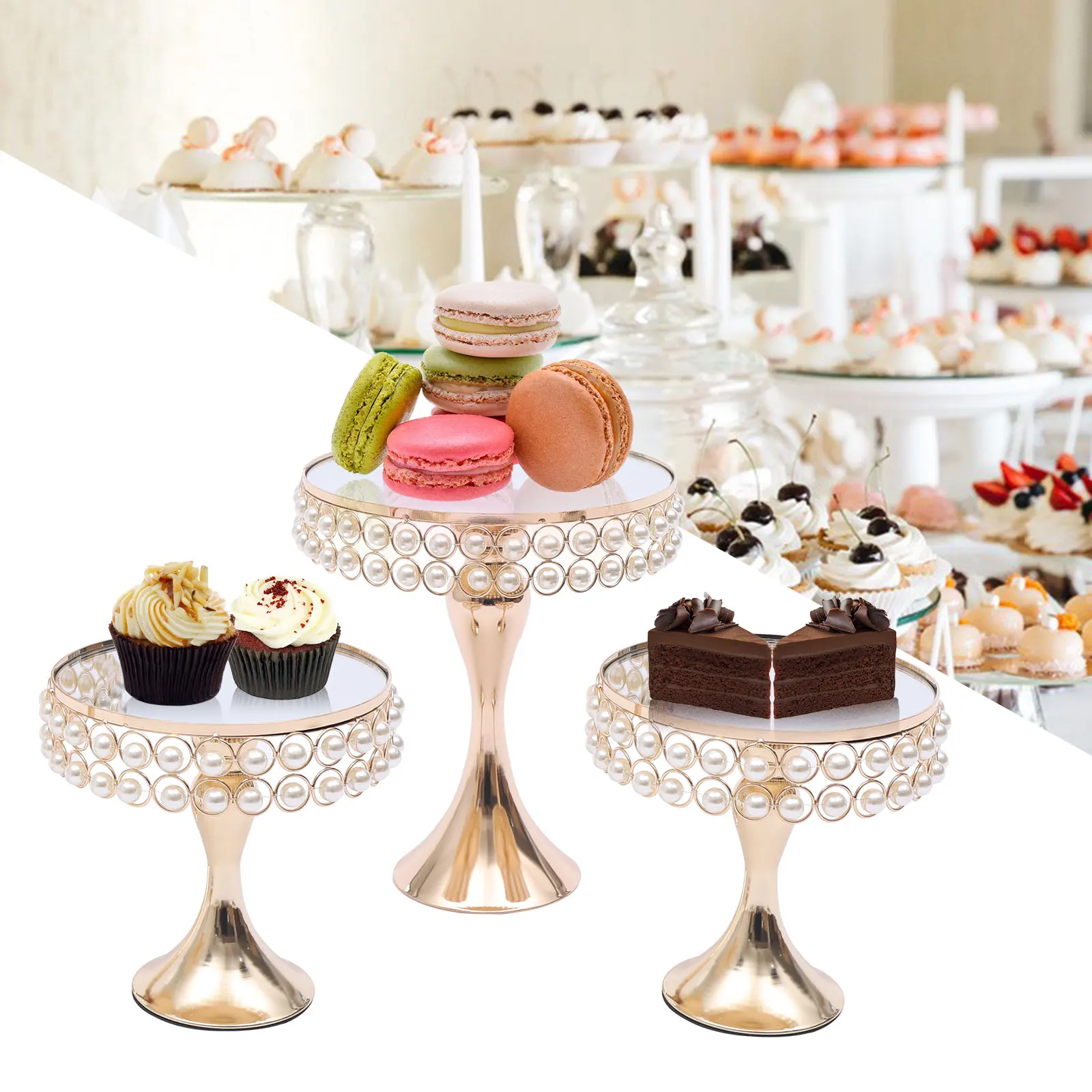 8PCS Cake Stand Set Wedding Birthday Party Cupcake Dessert Tray With Pearl Decoration