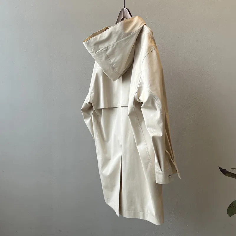 WTHT 2025, gabardina informal con capucha y diseño de cordón para mujer, moda de primavera, cortavientos holgado de manga larga para mujer 1LS800