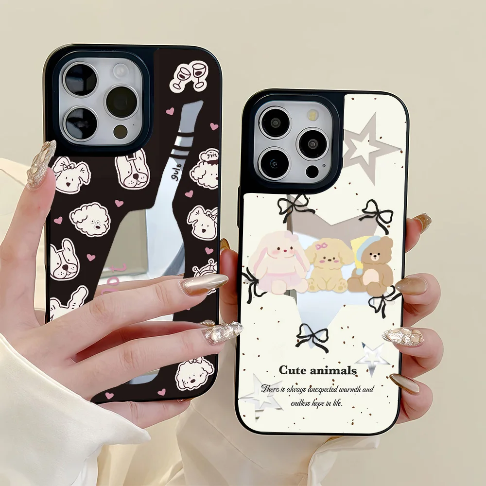 เคสโทรศัพท์ลายการ์ตูนสัตว์แมวน่ารักพร้อมกระจก สำหรับ iPhone 16 Pro, iPhone 14, 13, 15, 11, 12, 17 Pro Max เคสซิลิโคนนิ่มกันกระแทก