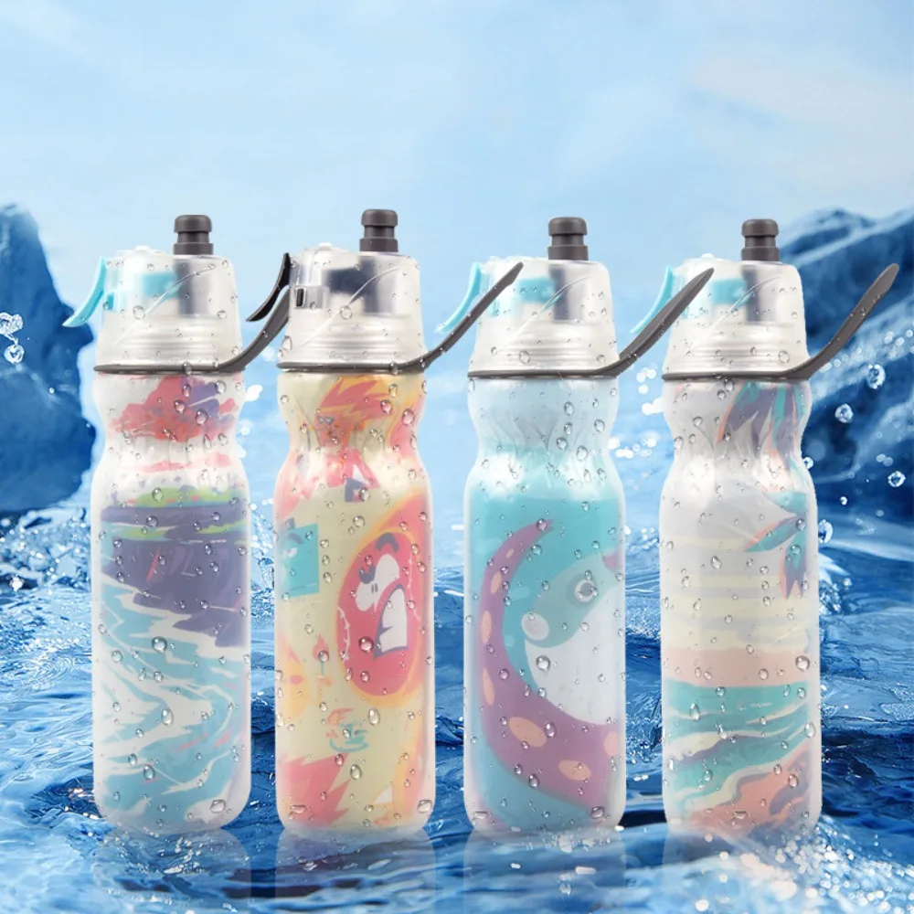 590ML Sports Spray Water Bottle Mist Spray Cold Insulation Summer Spray Water Cup Fall Prevention Bilayer Spray Sports Kettle