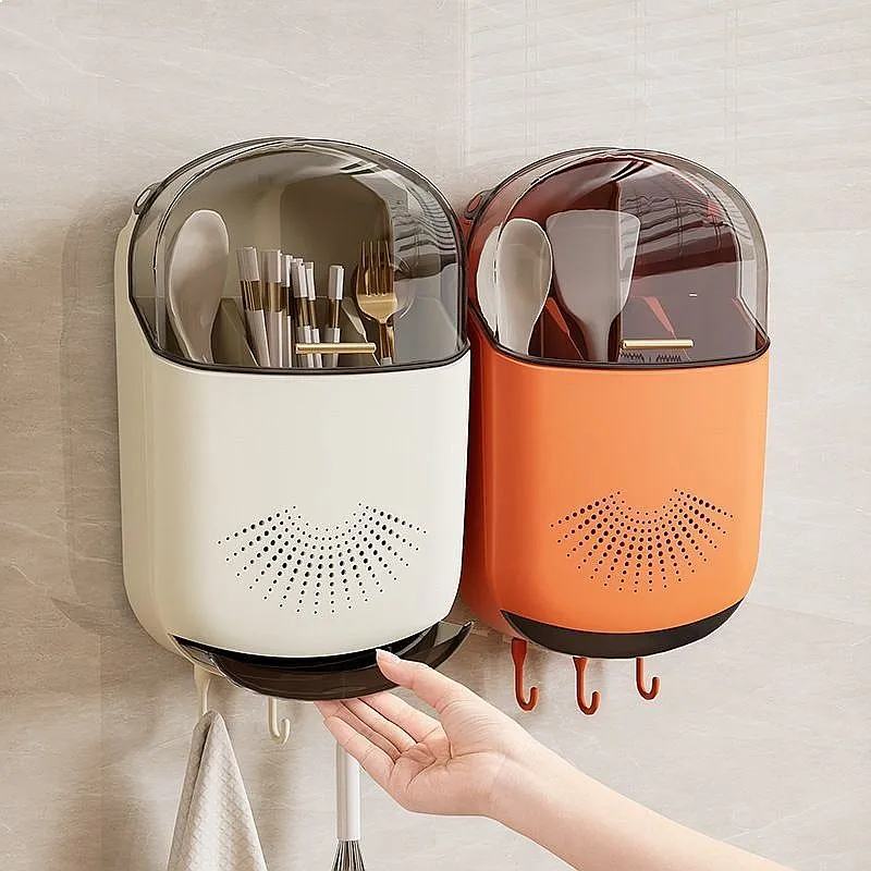 Sleek Dustproof Utensil Holder with Hooks, Aesthetic Kitchen Chopstick & Fork Organizer