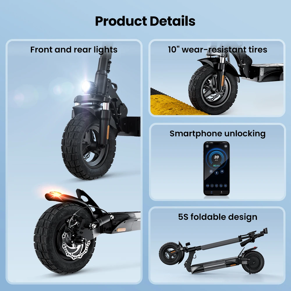 IScooter W9 Elektroroller 1000W Motor 48V14AH Hochleistungs-Lithium-Batterie Unterstützt APP E-Scooter Vordere und Hintere Scheibenbremsen Stadtfahrten Höchstgeschwindigkeit 45KM/H Maximale Reichweite 45KM 10-Zoll-Luftreifen für jedes Gelände Brandneu Original – Detail 18