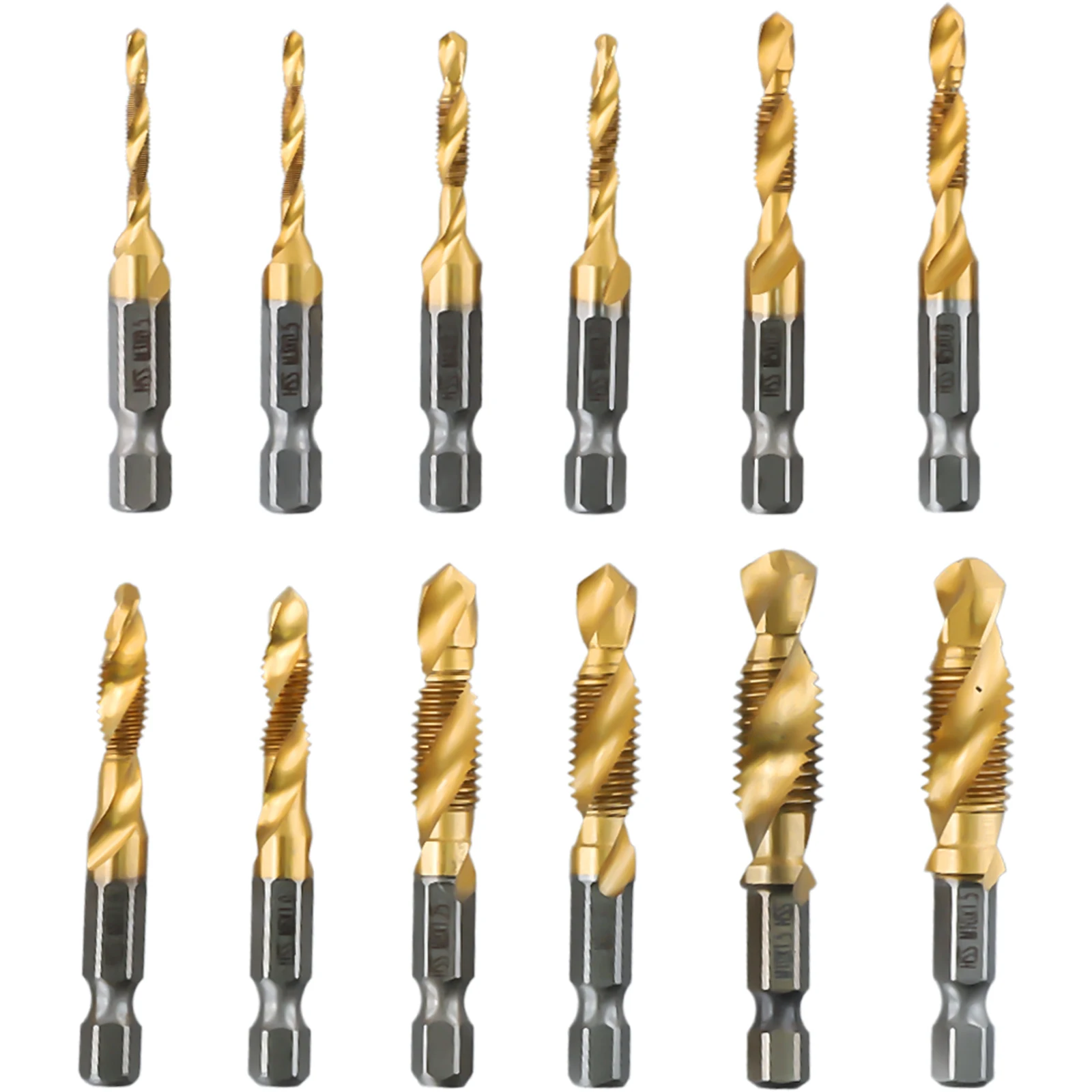 Tap Drill Bit Set Hex Shank Plated HSS Screw Thread Bit Screw Machine Compound Tap 12pcs  Metal And Wood Cutting Tools