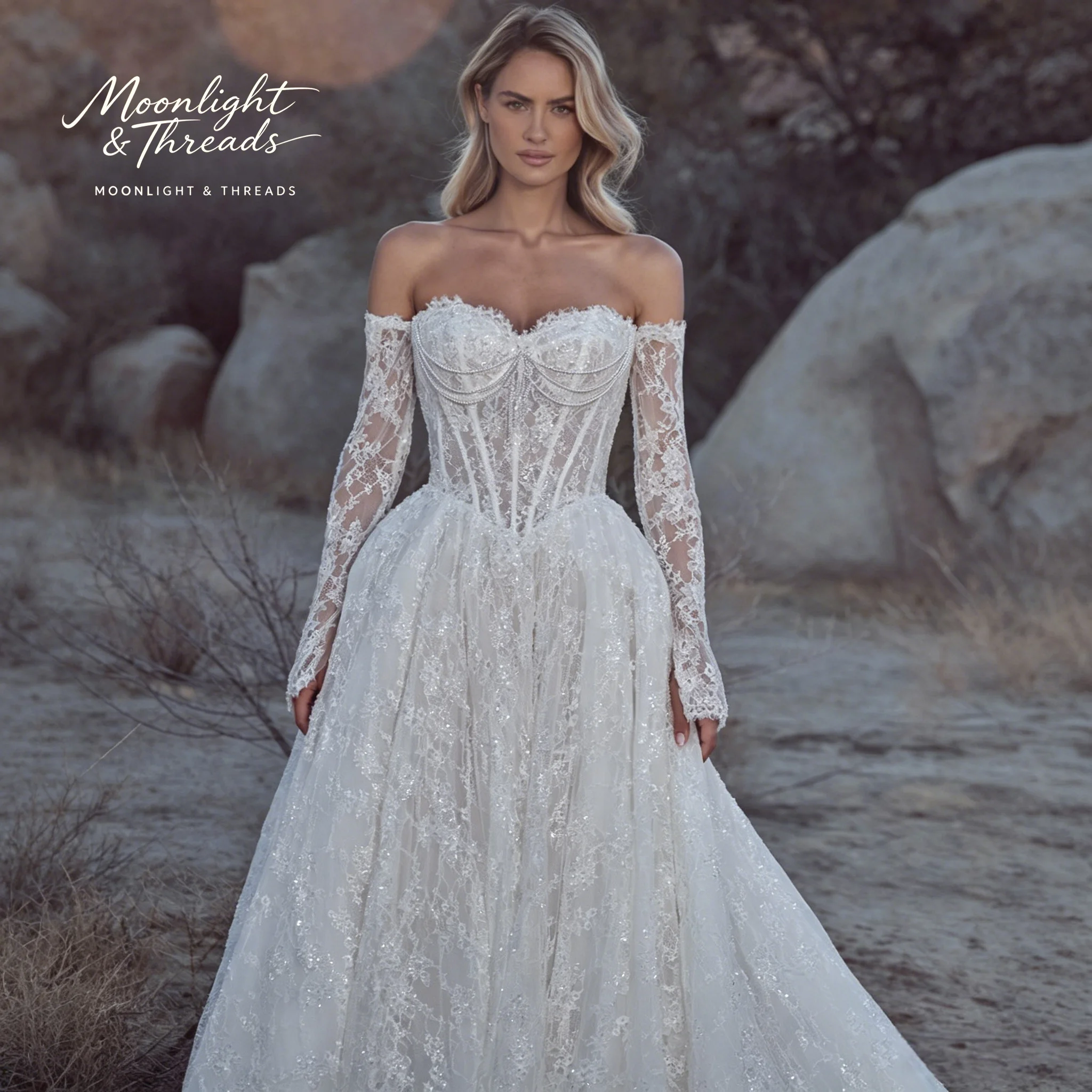 White Lace Strapless Off-Shoulder Long Sleeve Floor-Length Formal Wedding Ball Gown with Boning and Beaded Design