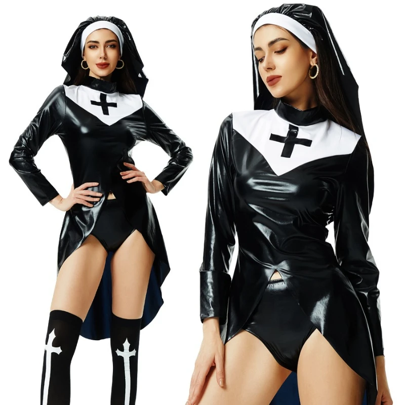 Halloween Damen Latex Nonnen-Kostüme Frauen Sexy Schwarzer Leder-Bodysuit Mit Kopfbedeckung Nonnen-Cosplay-Outfits Karnevals-Partykleidung