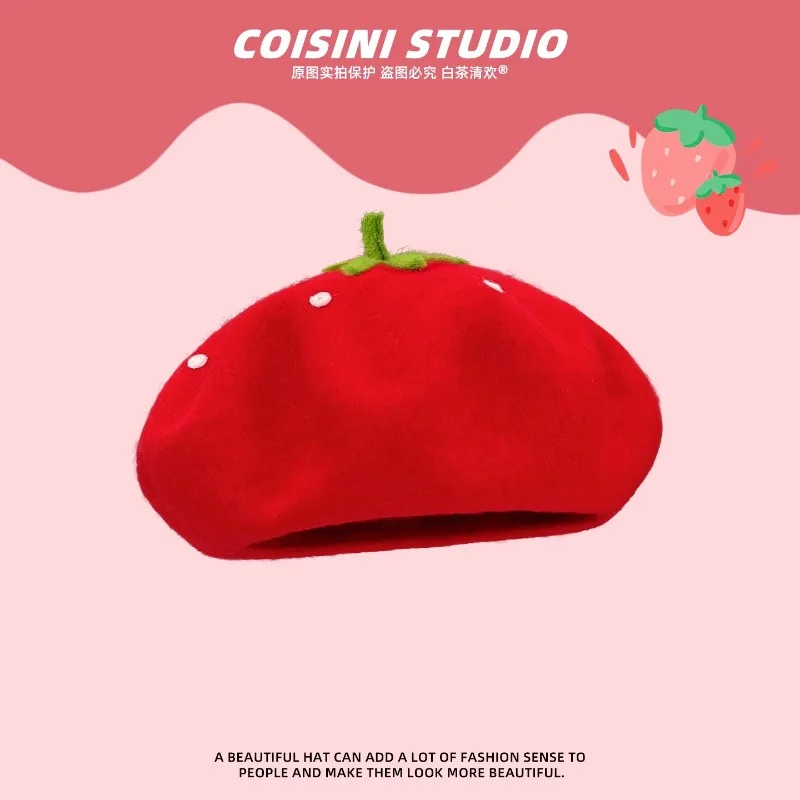 جديد لطيف الفراولة تصميم الصوف القبعات للنساء الخريف والشتاء السفر الدافئة تنوعا تظهر الوجه قبعة الرسام الأدبي الصغيرة
