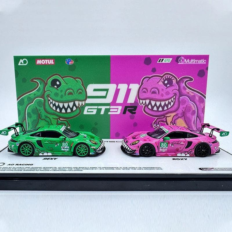 1: 64 Porsche Gt3 Car Model Kawaii Green Pink Tyrannosaurus Series Alloy Material Rubber Tire Q Version Car Model Ornament Gift