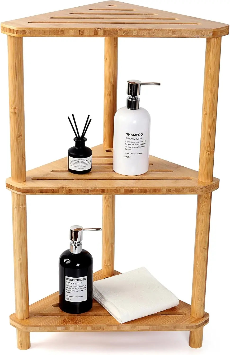 

Bamboo Corner Shower Caddy Stand 3-Tier Waterproof,Free Standing Bathroom Corner Shelf Shower Stool Organizer for Inside