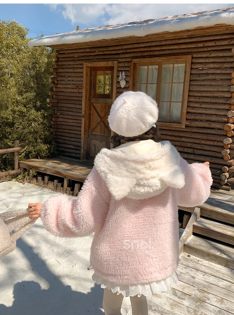 Japanese Sweet Kawaii Cat Embroidered Plush Hoodie Sweatshirt Cute Cat Ear Loose Versatile Thick Warm Parkas Jacket Women Winter