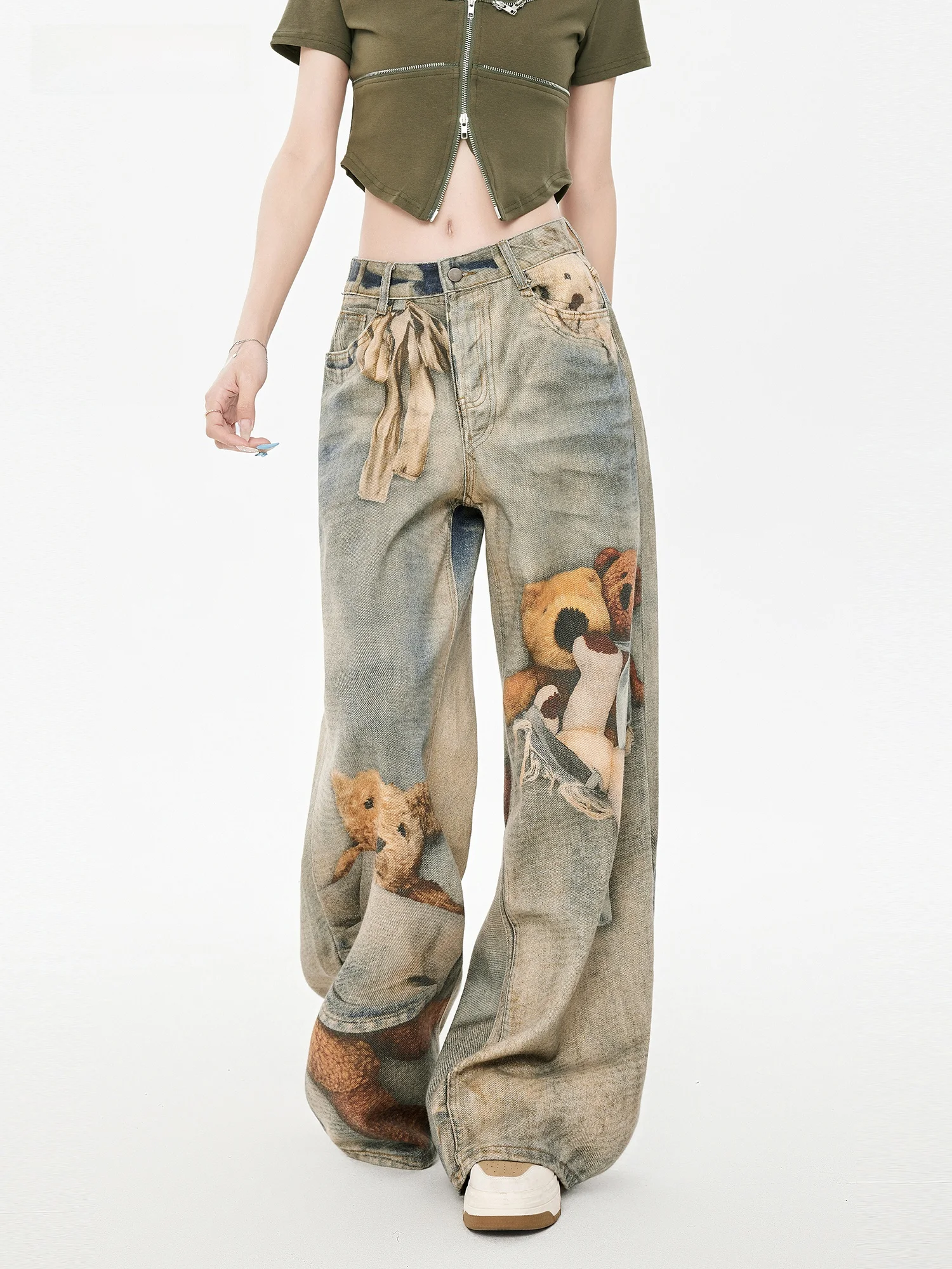 

Loose Casual Wide Leg Denim Jeans Women's New 2026 Teddy Bear Print 3D Printed Straight Old Fashioned Blue Cotton Blend