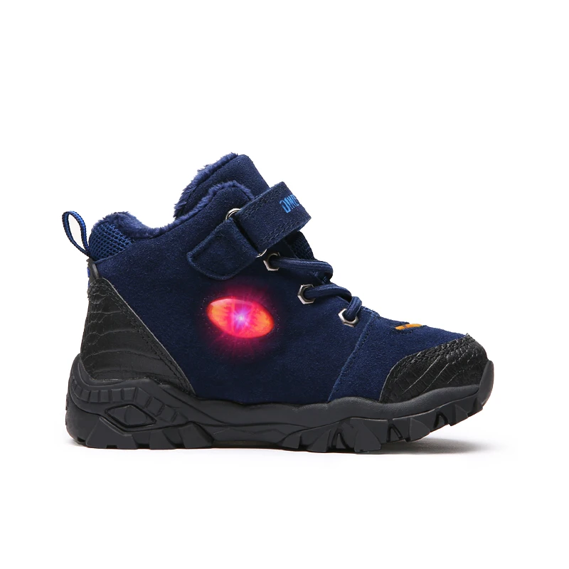 DINO T-REX LED Winter Children Boys Boots Genuine Leather Warm Plush Inside Kids Light Up Eyes Flashing Girls Outdoor Footwear