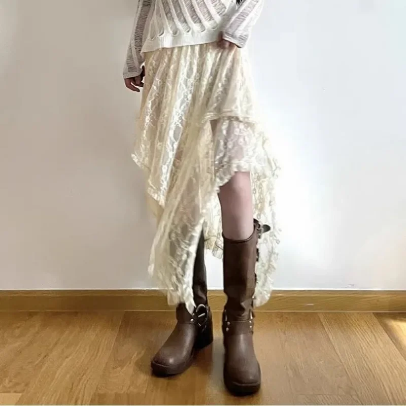Vintage Elegant Lace Skirt for Women Summer High Waist Loose Trendy Asymmetrical Mid Skirt Y2k Clothes Fashion Street Style