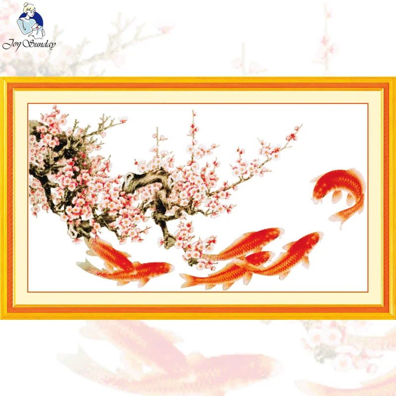 

Joy Sunday Swimming Fishes and Blossom Plums Welcome Spring Cross Stitch Animal Design Stitching Handcraft Embroidery Wall Decor
