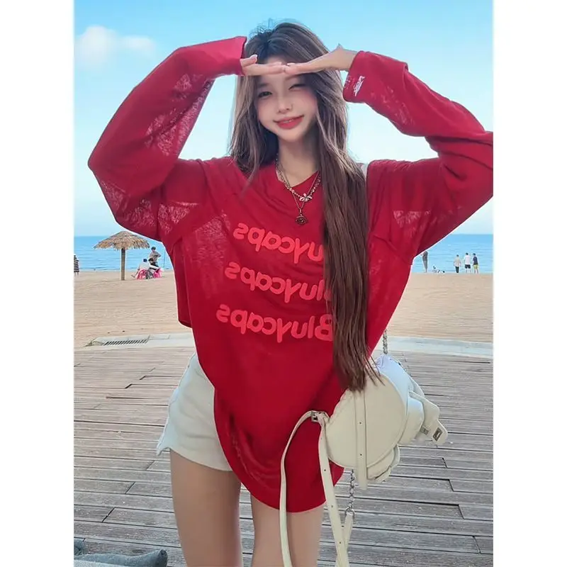 Perspective Print Letter Lazy Style Tops Summer New Thin Long Sleeve Solid Loose Fashion T Shirts Casual Korean Women Clothing