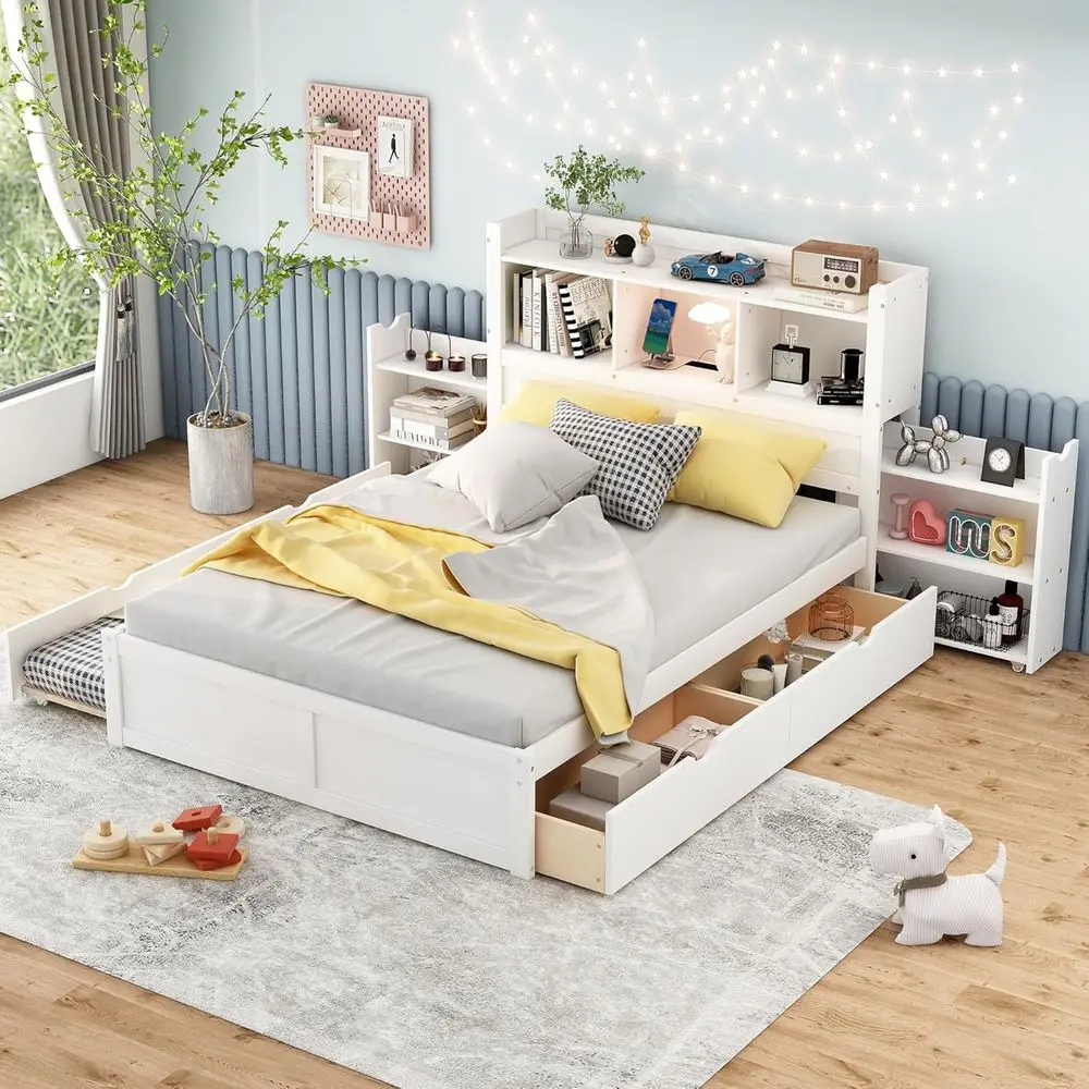 White Wooden Platform Bed with Bookcase, Trundle, and Charging Station for Kids, Teens, and Adults - No Box Spring Needed