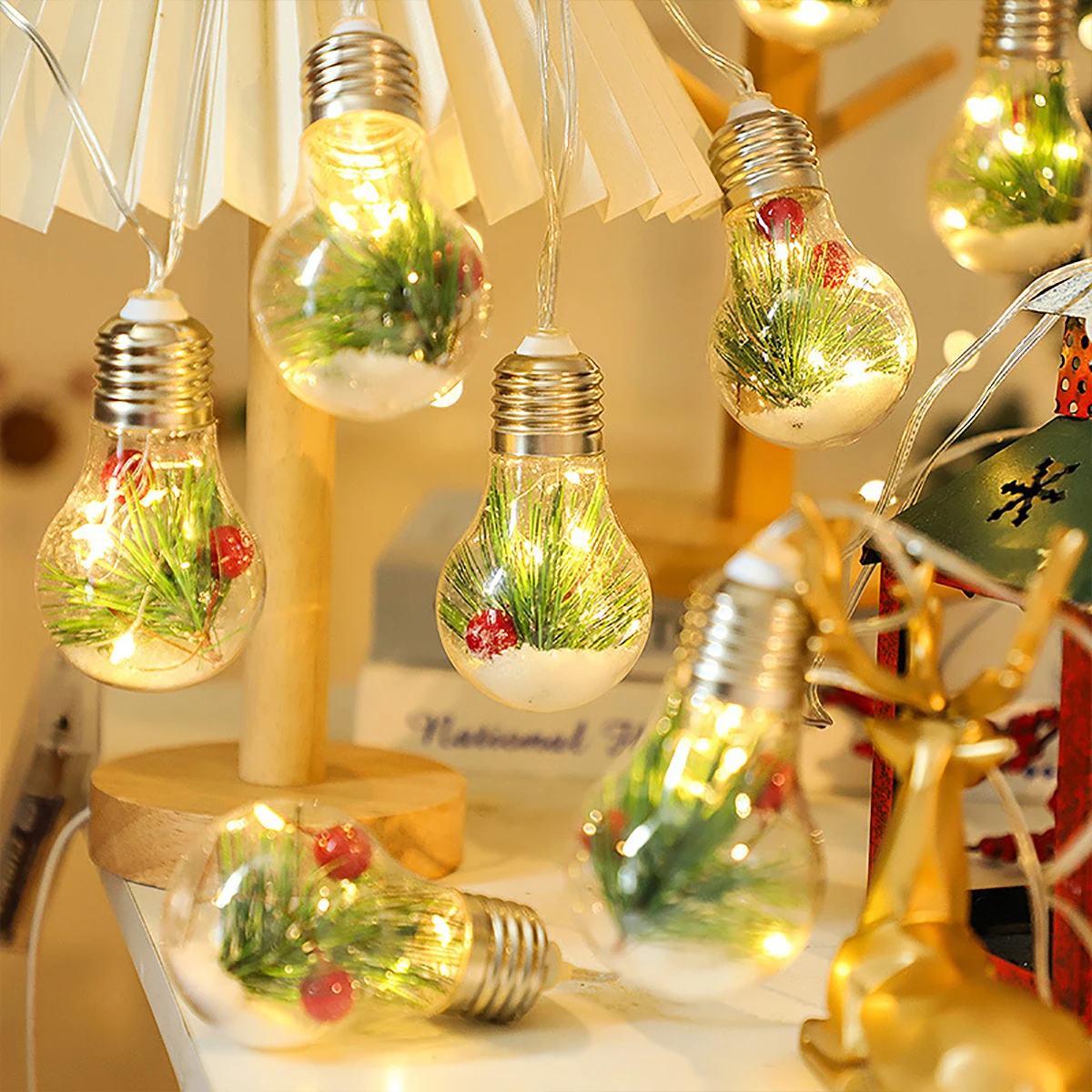 1pcChristmas pine needle red fruit copper wire light string suitable for wedding parties, indoor Christmas decoration