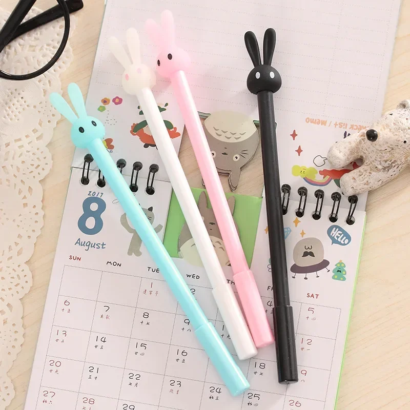 6Pcs Random Color Cute Long Ears Rabbit Gel Ballpoint Pens Creative Black Ink Neutral Pens School Office Supply