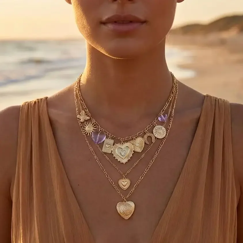 3Pcs/Set Vintage Heart Sun Pendant Necklace for Women Classical Gold Plated Butterfly Stackable Chain Party Jewelry Gift