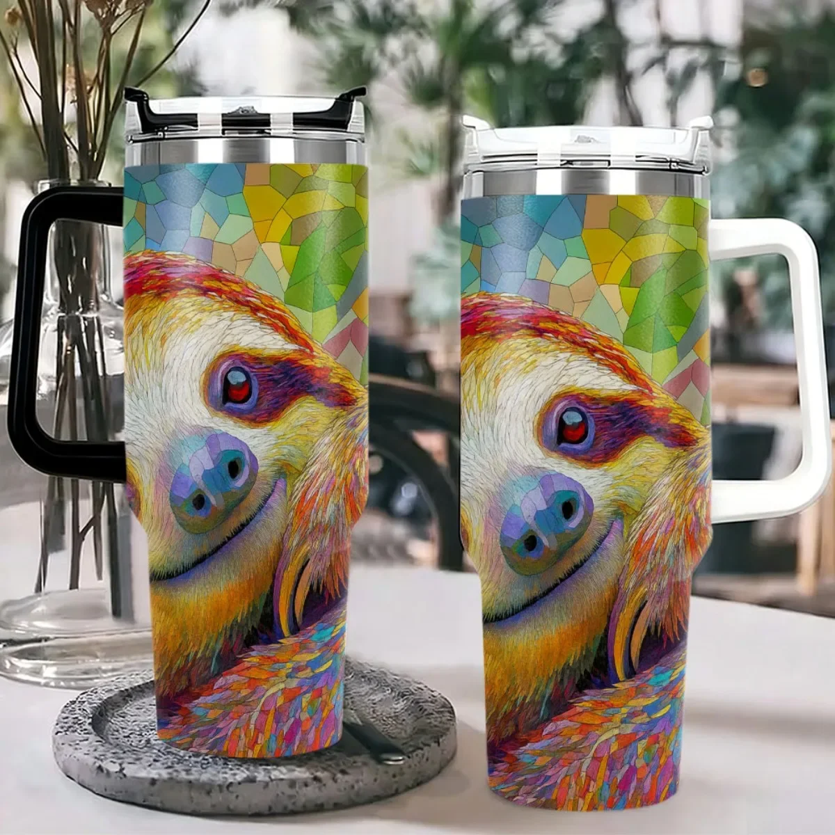 40oz Tumbler with Handle Stained Glass Style Colorful Sloth Print Insulated Cup, Other colors sold out, random black or white shipment for other color orders