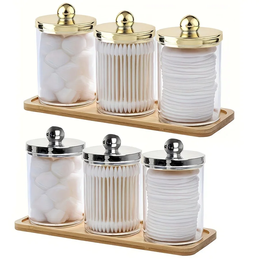 3 Piece Bathroom Organizer Set - Acrylic Cotton Swab Holder with Lid And round Dispenser for Floss Vanity Storage Accessory