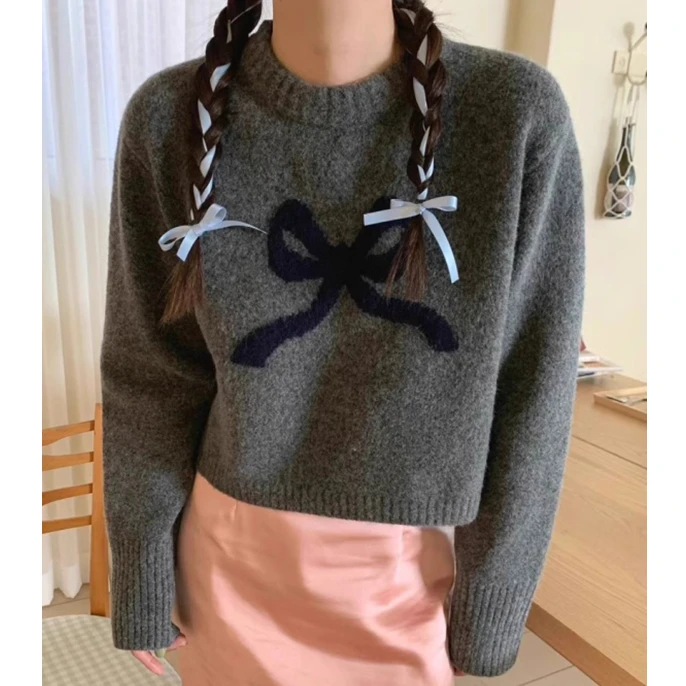 

Autumn Winter Knitwear Crop Tops Women Pullover Sweaters Fashion long Sleeve bow print Elastic Casual loose Knitted Shirt jumper