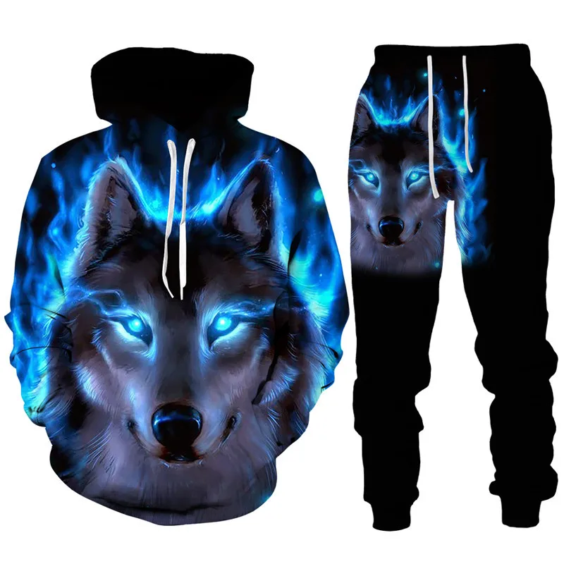 Homens e mulheres 3D Dazzle Wolf Print conjunto de treino, moletom com capuz e calças extragrandes, pulôver casual, streetwear Hip Hop, conjuntos