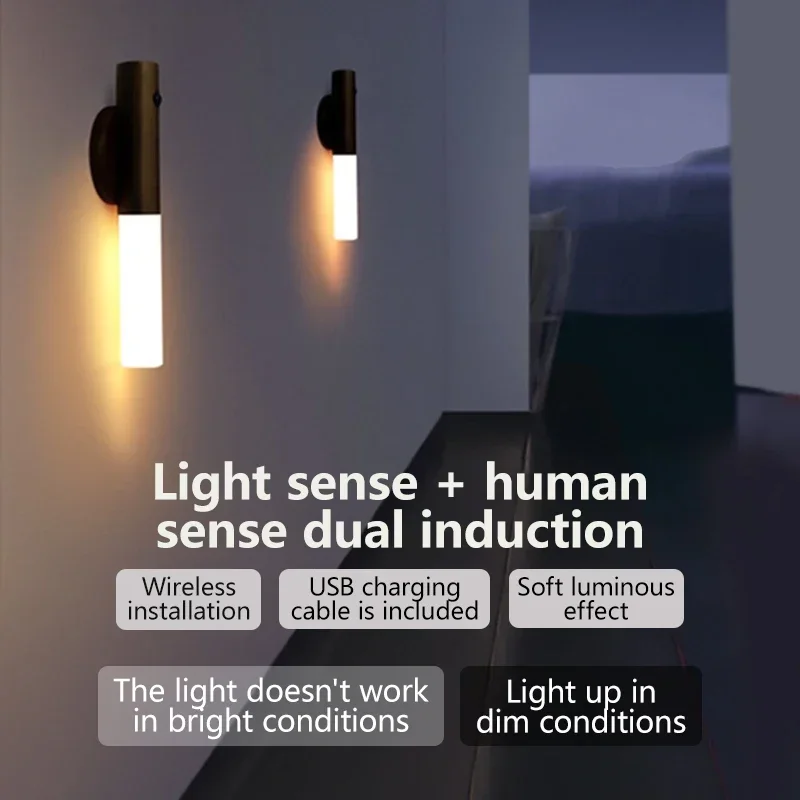 LED Human Body Induction Night Light, Sensor de madeira USB Recarregável, Gabinete do corredor, Iluminação de parede com base magnética