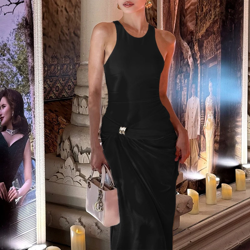 BKLD セクシーでエレガントなサテンパッチワークメタルリング装飾ノースリーブボディコンシャーリングイレギュラーマキシタンクドレス女性用パーティーウェア