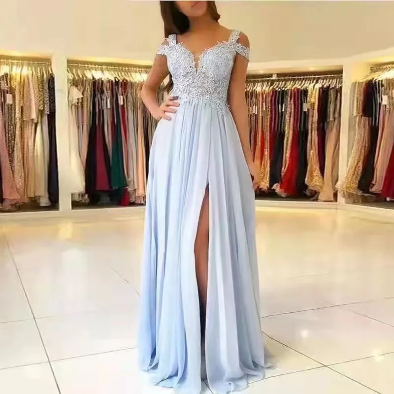 

Sky Blue evening Dresses 2022 Long Side Split Off Shoulder Lace Appliques Prom Party Gowns Wedding Guest Maid Of Honor Dress