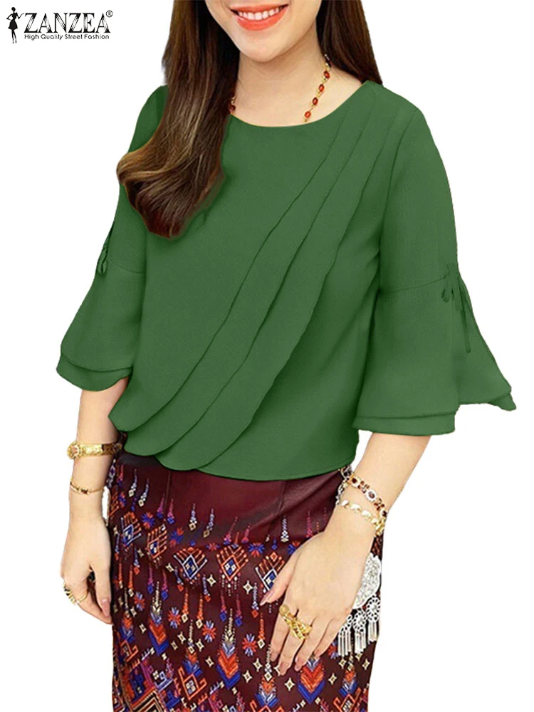 

ZANZEA Summer Solid Blouse Flare Sleeve Tops 2025 Bow Pleated Blusas Women Casual Ruffled Tunic O Neck Loose Oversized Pullovers