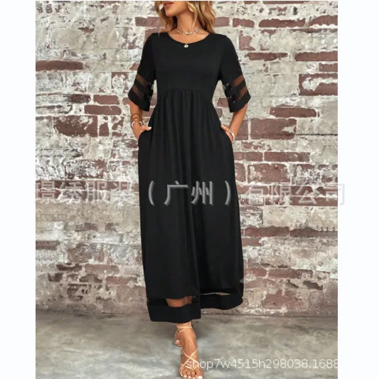 

2025 New Women's Mesh Splicing Pocket Dress Europe America