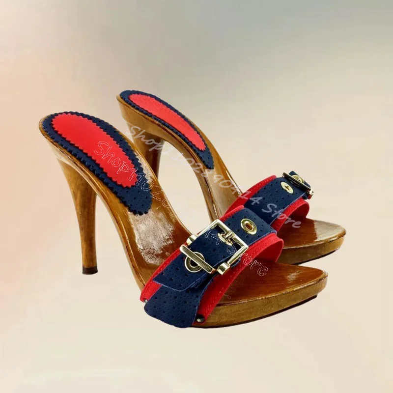 

Blue Denim Buckle Decor Wooden Heel Slippers Slip On Women Shoes Thin High Heels Open Toe Party Banquet 2024 Zapatos Para Mujere