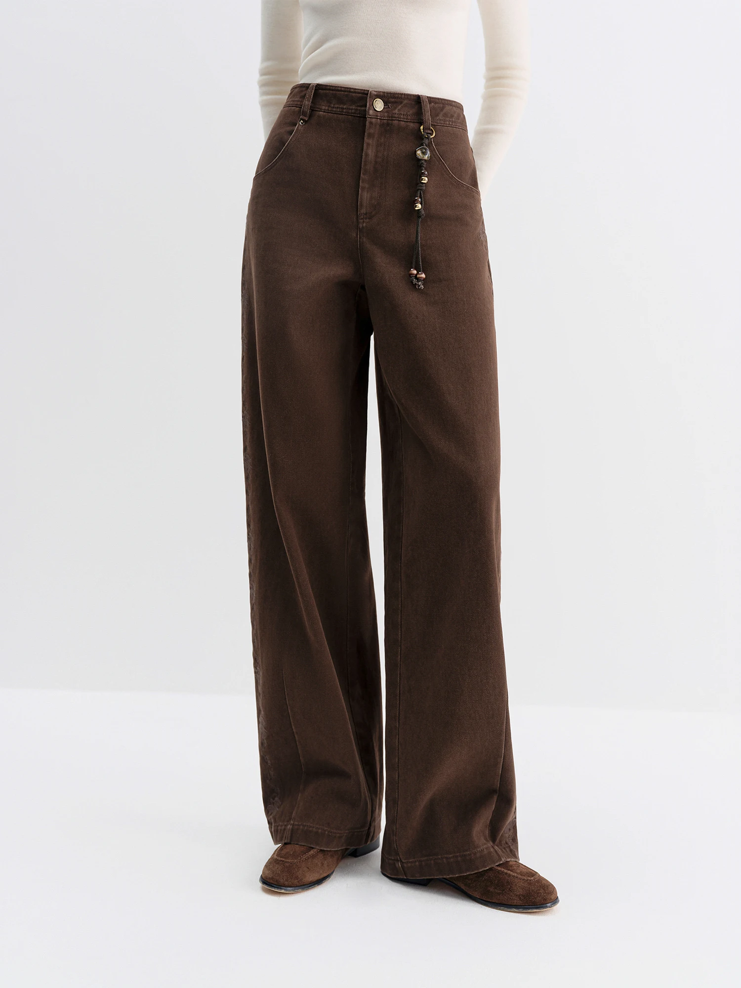 FSLE 2025 الشتاء المرأة خمر غسلها المطرزة الموز الجينز منحني عالية الخصر واسعة الساق السراويل سليم صالح الرجعية السراويل