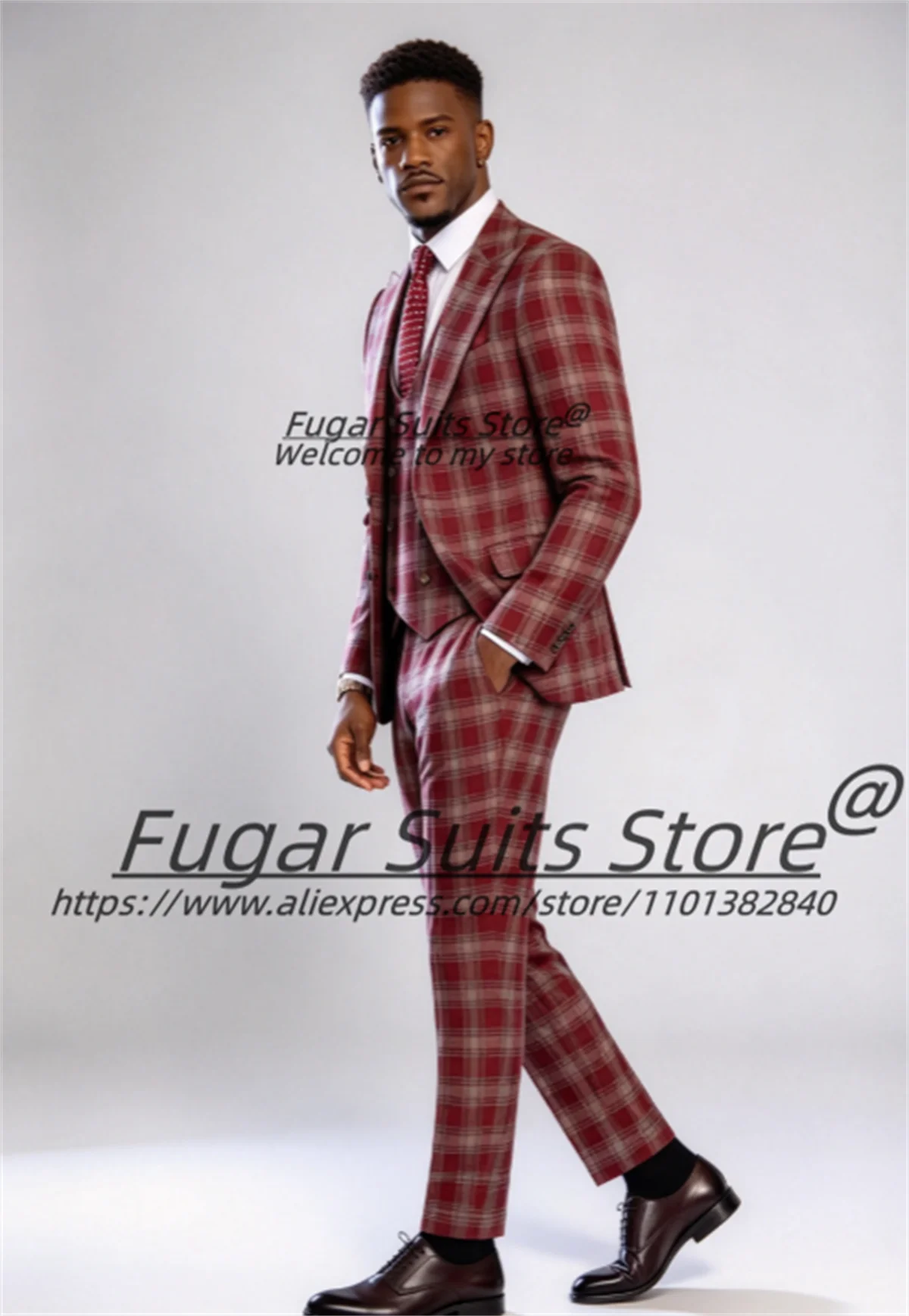French style High-end Plaid Men Suits Customized Slim Fit Peak Lapel Groom Wedding Tuxedos 3 Pieces Sets Male Prom Blazers