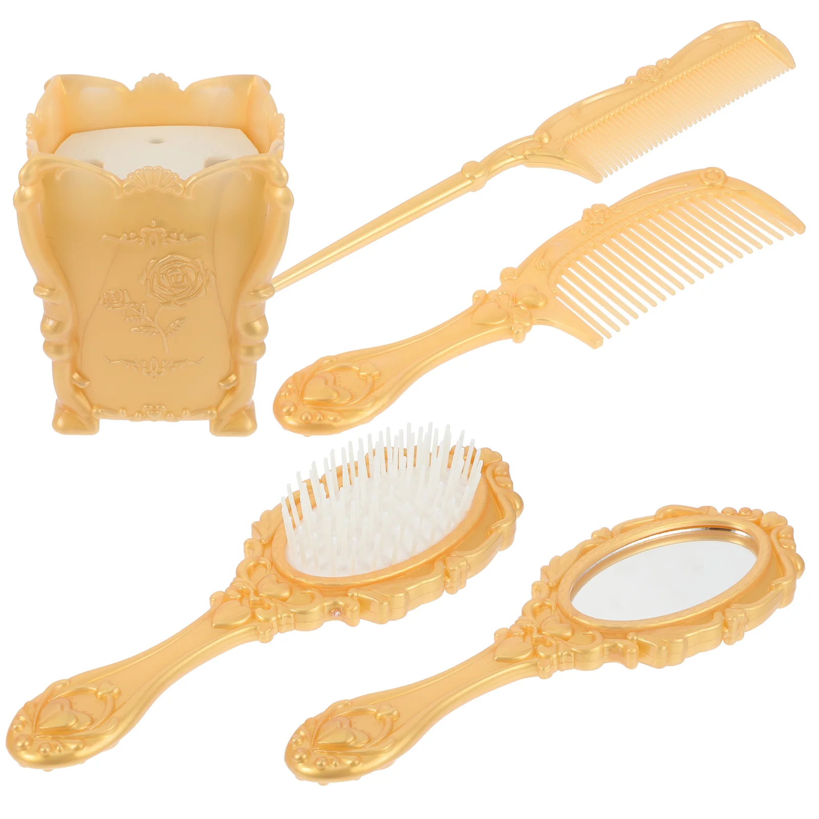 5 Pcs Pocket Mirror Vanity Comb Set Holder Air Bag Hair Vintage Salon Brush Golden Women's