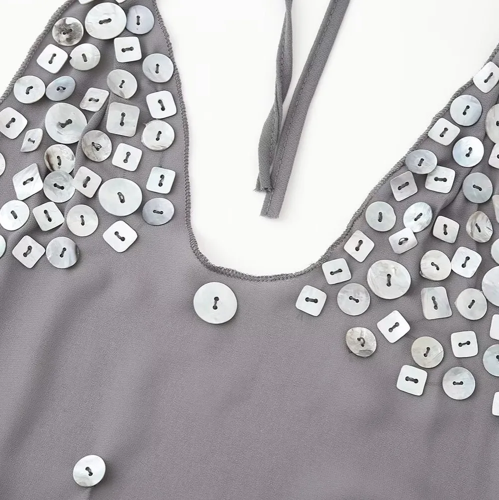 Vestidos cortos sexis de lentejuelas para mujer, vestido con cuello en V y cuello Halter con cordones y dobladillo con volantes y espalda descubierta para mujer, bata de fiesta de noche para discoteca de verano 2025