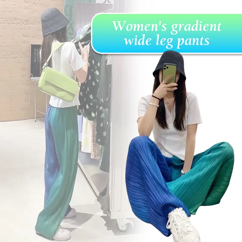 Two-color Gradient Wide Pants 2024 New Spring Summer Women Trousers Fashion Pleated Elastic High Waist Loose Drape Straight Pant