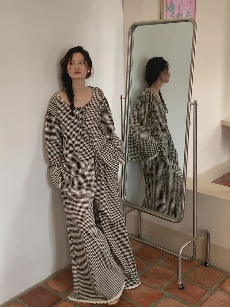 

Plaid Cotton Pajamas Women's Spring Autumn Long Sve Home Clothes Set Large Size Comfortable Spwear Two Pieces Set