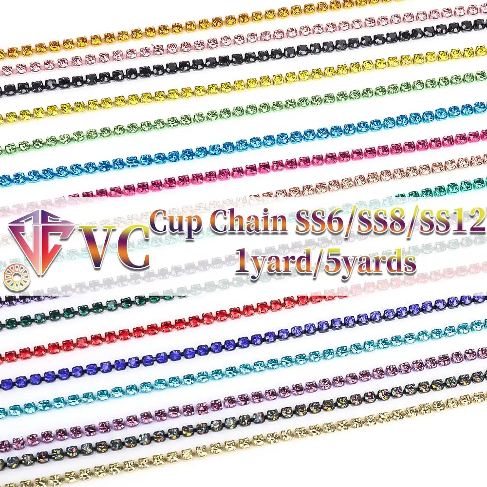 VC 1yard/5yards Crystal Rhinestones Stone Cup Chain Gold Diamond Strass Dekoracyjna aplikacja kryształowa do sukienek